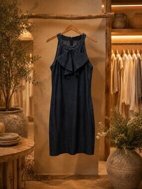 Banana Republic Premium Denim Sheath Dress NWT Size 2 Ruffle Neck Blue Office